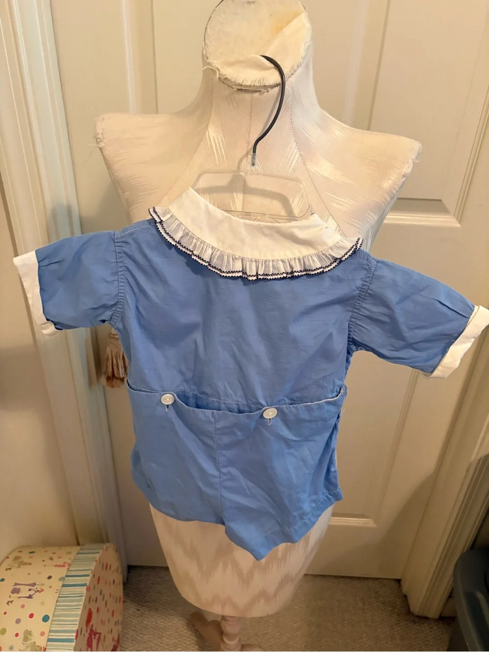 Vintage size 9-12 months Blue Cotton Baby Romper with White Peter Pan Collar